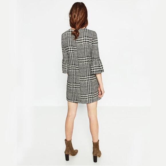 2/$30 ZARA Houndstooth Glen Plaid Shift Dress with Frilled Sleeve Ecru S#5327 - Picture 9 of 16